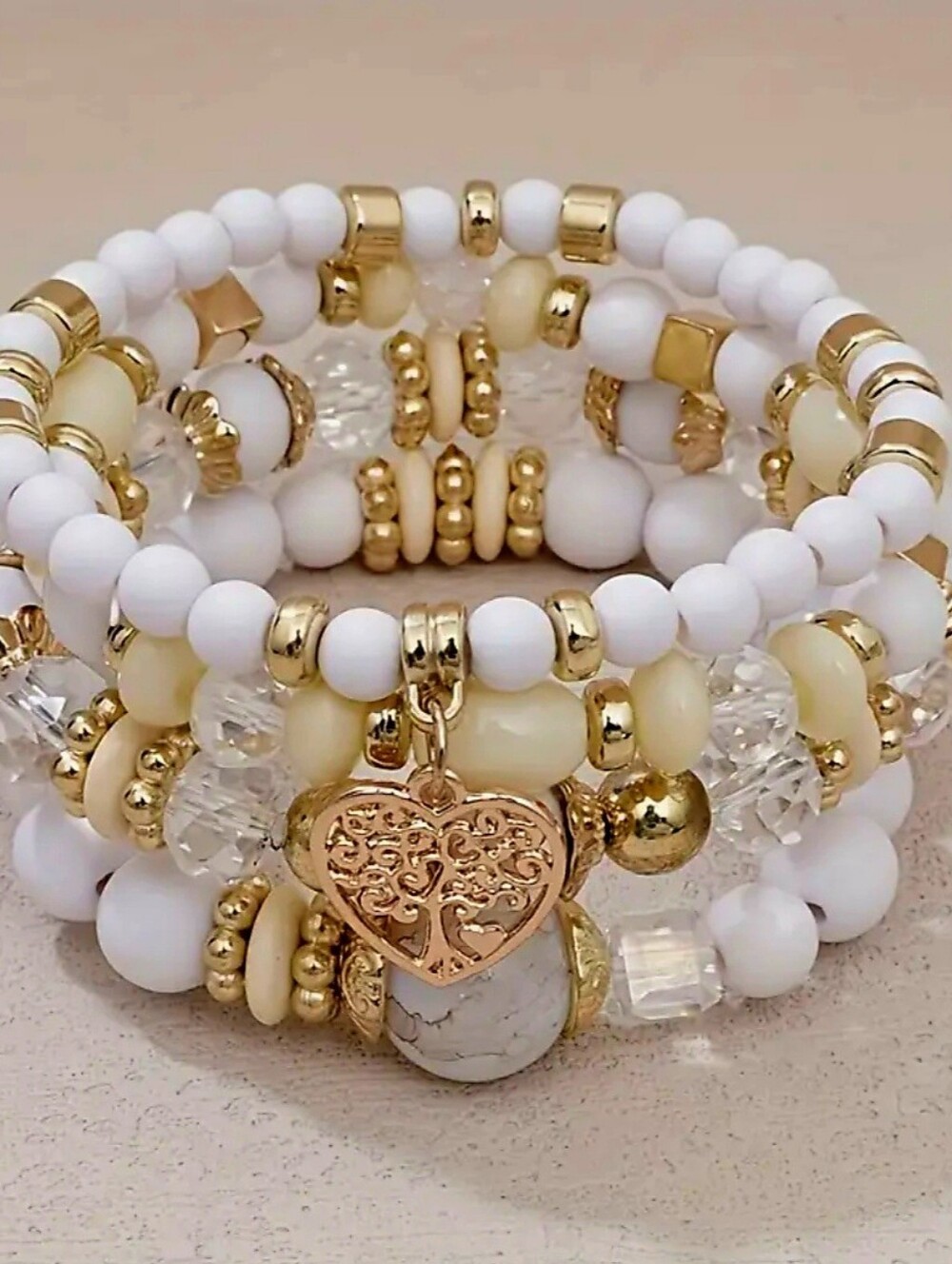 4Pc TREE OF LIFE FILAGREE HEART CHARM  BANGLE GOLD VERMEIL CRYSTAL BRACELET SET